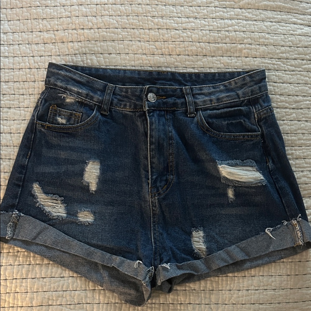 Dark Blue Distressed High Waist Denim Shorts